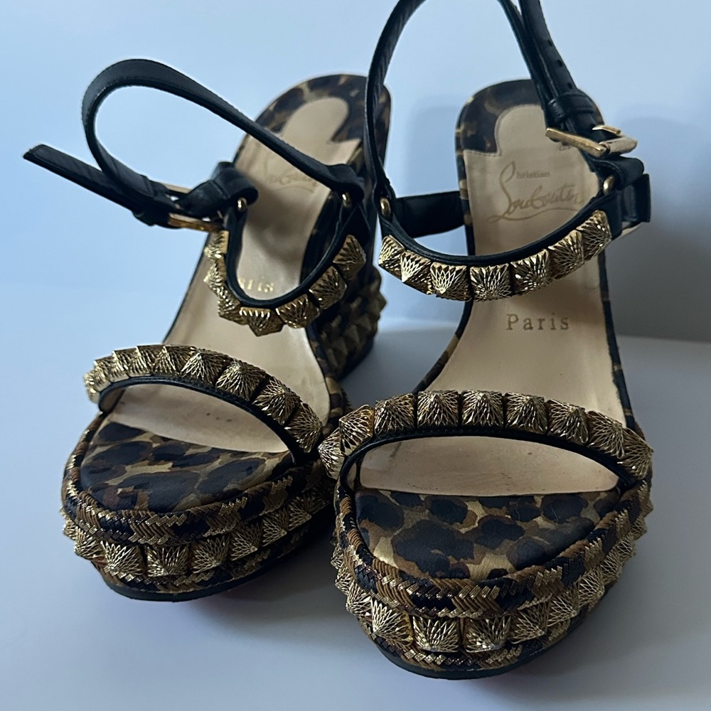 Leopard Print Wedge Sandals with Gold Embellishment - Black & Gold - Picture 6 of 12